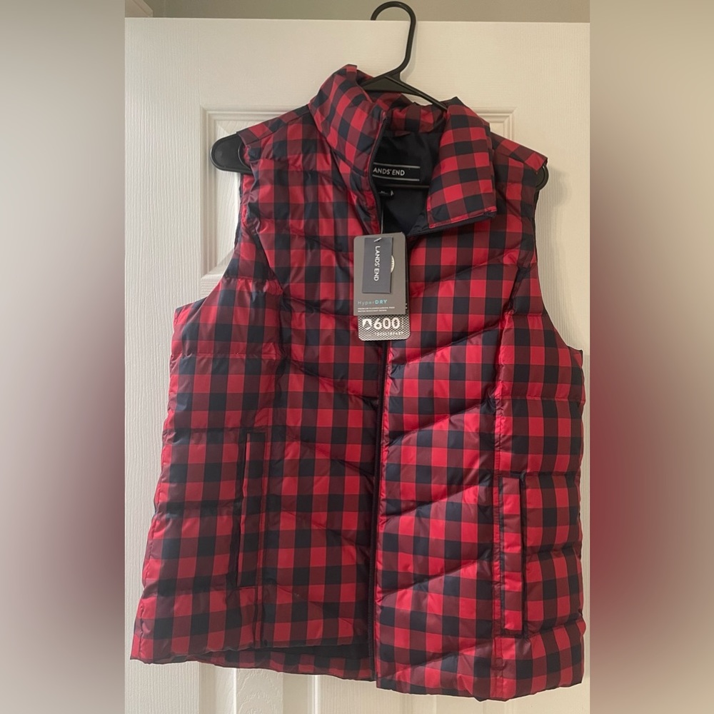 Lands’ End red check down vest.